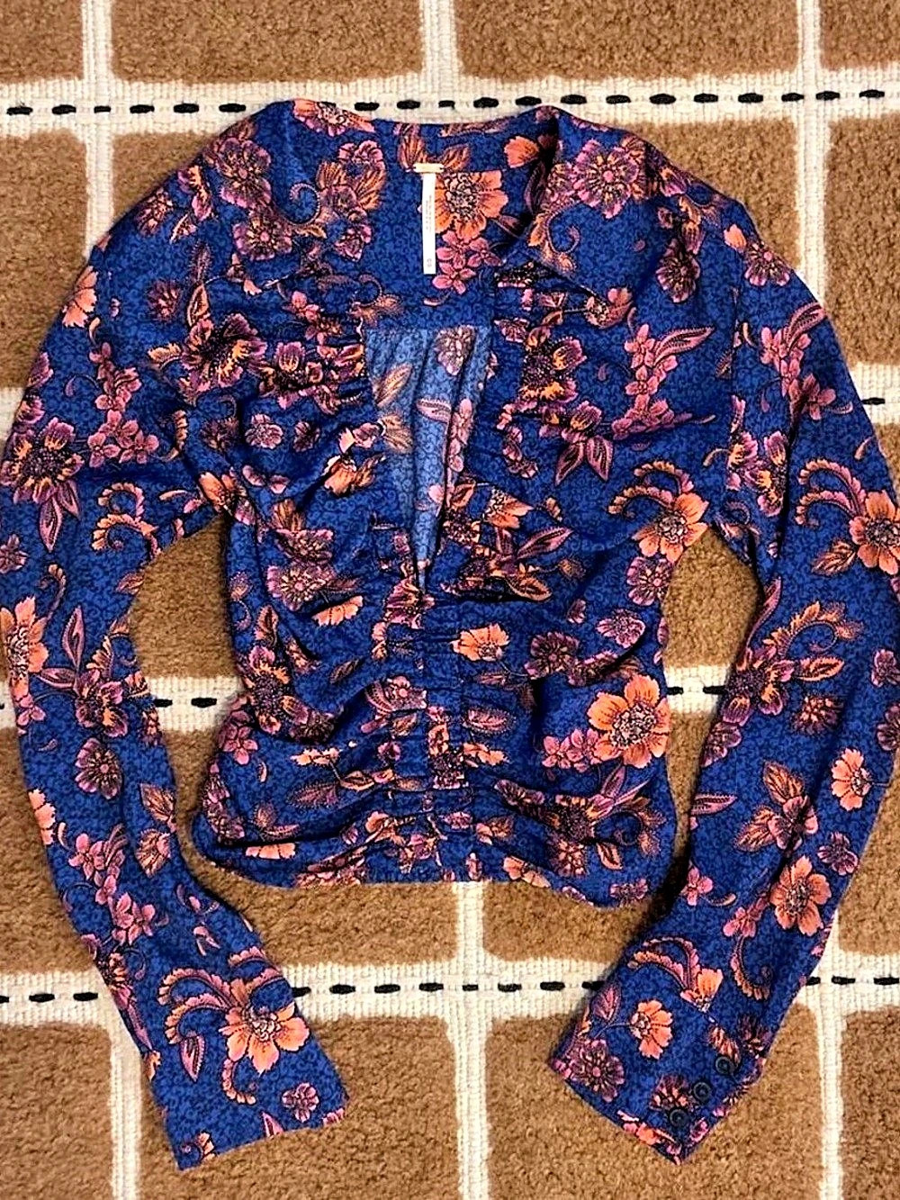 Free People Lucky Shirtee Floral Ruched Blouse Blue & Pink XS Like New
